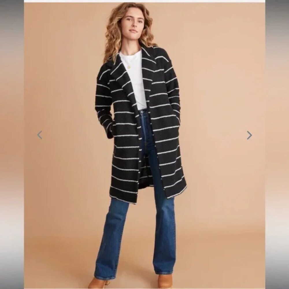 Marine Layer Cotton Blend Birdseye Coat in Dark Navy/White Stripe Sz M